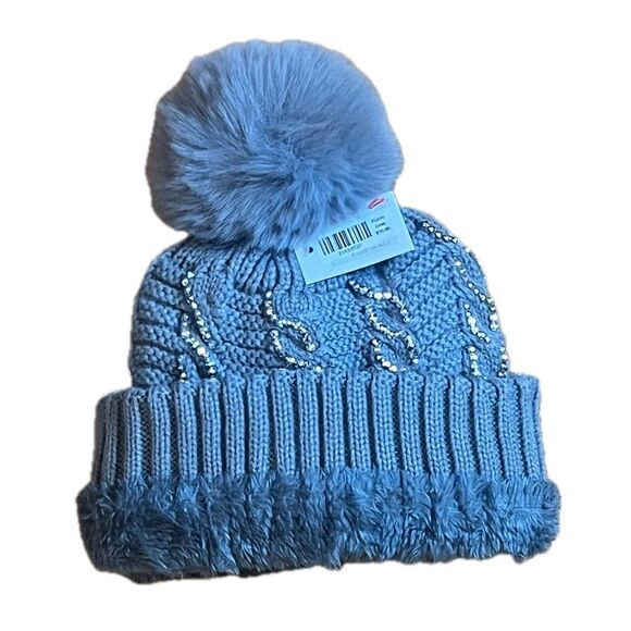 Boutique Gray Cable Knit Ribbed Beanie with Pom Pom Silver Sequins One Size NWT - Picture 3 of 6